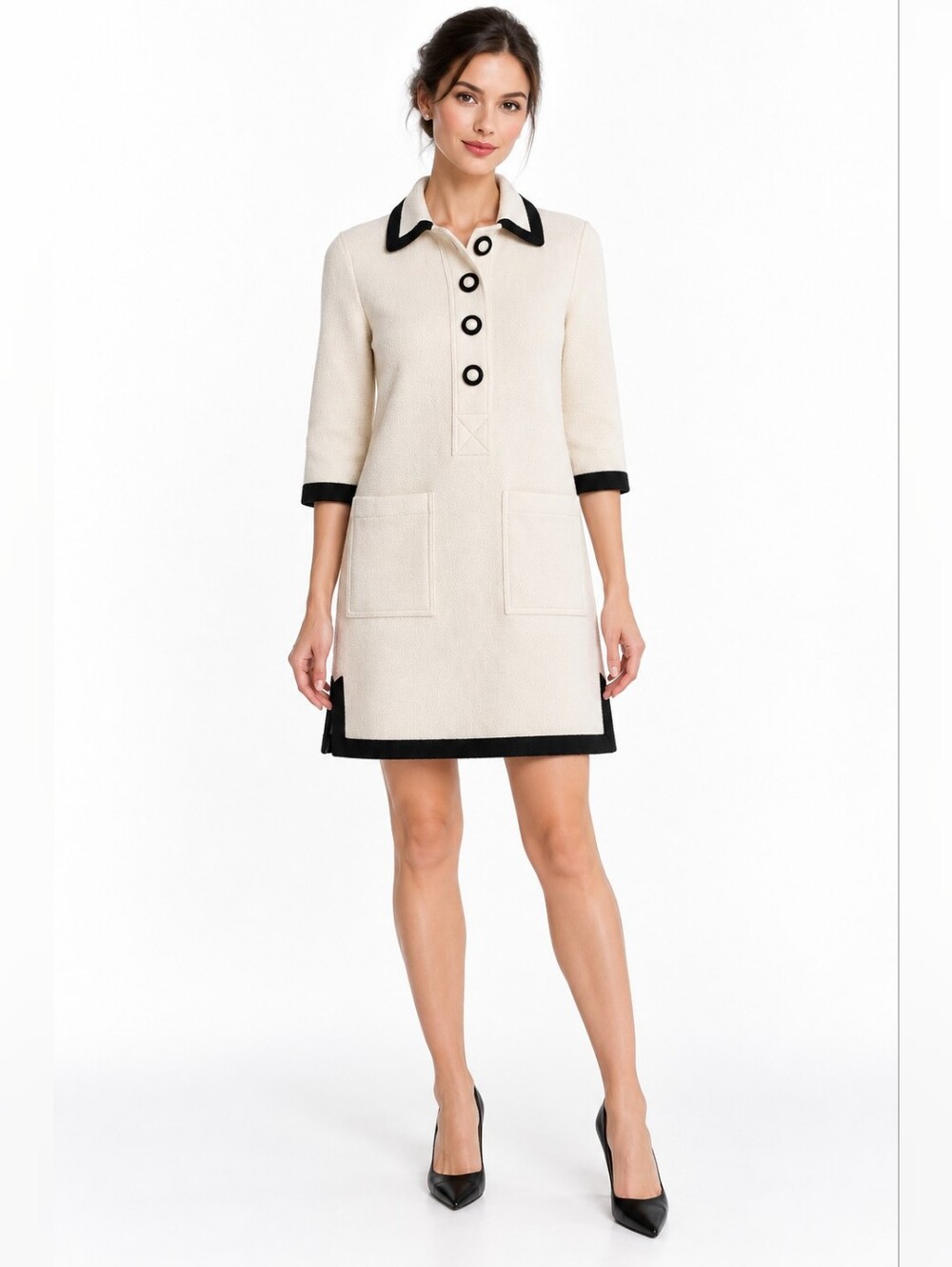 Dovima Paris XS Cream Black Trim 100% Wool Shift Dress Made in France boss chic